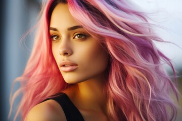Shot of a trendy teenage girl, approximately 18 years old, of Hispanic descent, with pink-colored locks cascading down her shoulders, adding a pop of color to her look