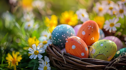 Fototapeta na wymiar Colorful easter eggs in a basket with daisies on green grass