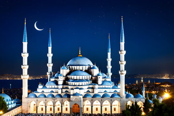 Fototapeta na wymiar Blue Mosque at night. Ramadan or islamic concept photo. Visit Istanbul background photo. Blue mosque