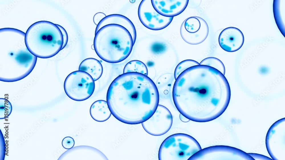 Poster moving molecular bubbles with embryos. design. bubbles with infection move in flow of body. animatio