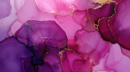 Magenta alcohol ink swirls on a minimalist purple marble base, enhanced with golden cracks.