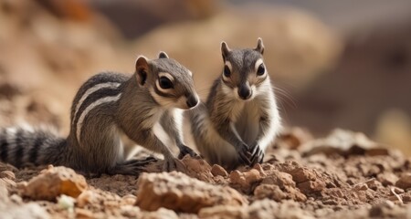 Naklejka na ściany i meble Two curious squirrels exploring a rocky terrain
