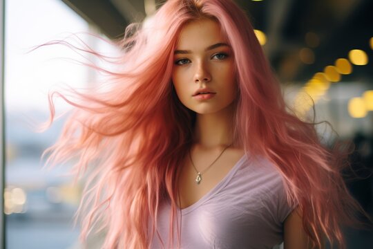 Confident aura of a trendy teenage girl, about 16 years old, of Caucasian ethnicity, with her long pink hair flowing freely as she poses with attitude