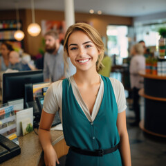 Smiling young and attractive sales woman cashier
