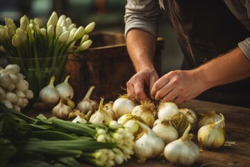 
Photo of a chef's man hand selecting plump Sweet Garleek bulbs from a pile at a vegetable stand, a harmonious marriage of garlic and leek, ensuring the highest quality ingredients for the dish - obrazy, fototapety, plakaty