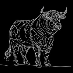 A cow is depicted in a continuous line drawing style against a black backdrop.