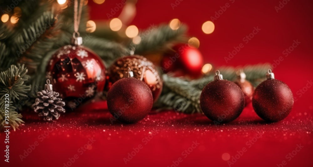 Wall mural  Joyful Christmas ornaments on a festive red background