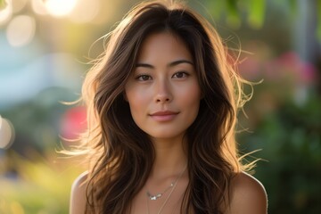 Naklejka premium Outdoor portrait captures youthful Asian woman with soft features, sunlight dapples creating a radiant backdrop, warmth in her gentle smile. gentle expression against a backdrop of light patterns,