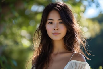 Naklejka premium Outdoor portrait captures youthful Asian woman with soft features, sunlight dapples creating a radiant backdrop, warmth in her gentle smile. gentle expression against a backdrop of light patterns,