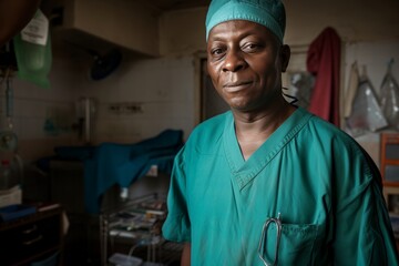 Obraz premium Confident African surgeon in scrubs poses in a clinic, his experienced presence reassuring amidst medical equipment. Seasoned surgeon stands in clinic, calm assurance in his stance, surrounded