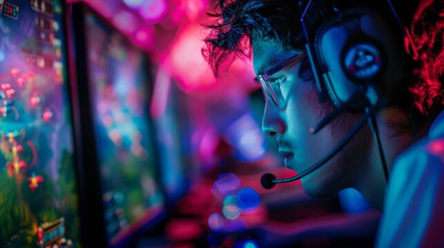 A players face lit up by the bright lights of the game eyes locked on the screen as they try to beat their opponents score.
