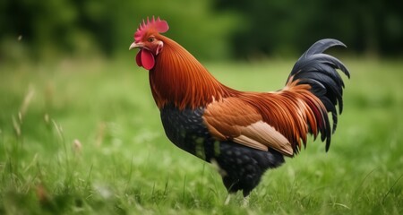 Fototapeta premium Vibrant rooster strutting in a field of green