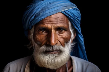 Fotobehang An elderly Dalit man, also in his 70s, his posture dignified despite the years of labor and struggle evident in his hands and face. Dressed in simple traditional clothing, his gaze reflects  © Hanna Haradzetska