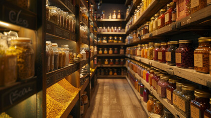 Fototapeta premium Scents from around the world fill the air as you walk down this aisle with fragrant es herbs and sauces clamoring for your attention.