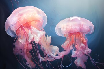 
Portrait evoking the essence of the Squishy aesthetic: soft and pliant shapes intertwined in an elegant dance, embodying the ethereal beauty of jellyfish in their natural habitat - obrazy, fototapety, plakaty