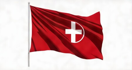  Red flag with white cross symbol, waving in the wind - Powered by Adobe