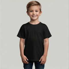 boy wearing black tshirt mock up, kids black tshirt mockup front view