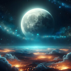 Luminous moon in a starry night sky 
