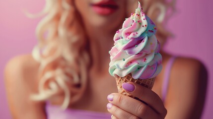 Delicious rainbow-colored ice cream in a woman’s hands against a purple background