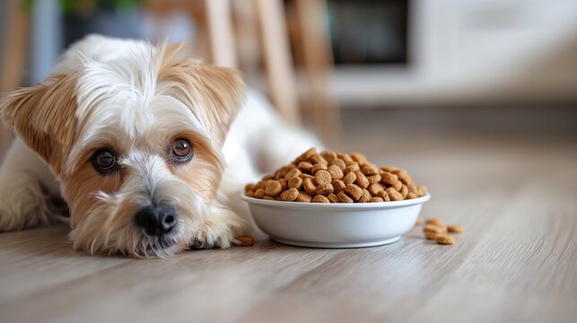 A sick dog lies on the floor with bowl of dry food and refuses to eat. There is no appetite, pet health, veterinarian consultation, clinic - Powered by Adobe