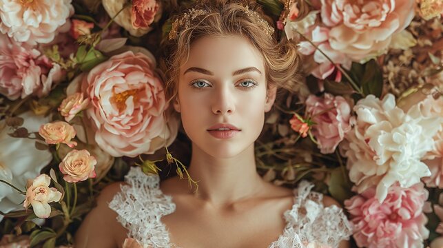 Floral Elegance Serene Front View of Woman Posing with Flowers