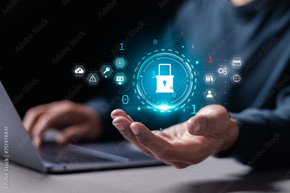 Poster cybersecurity and privacy concept, protection network security and information security system. prot