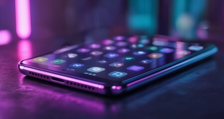  Vividly lit smartphone on a reflective surface