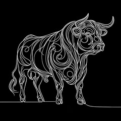 Cow illustration. A cow drawn with a single unbroken line, set against a black background.
