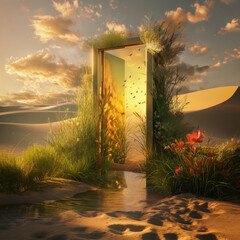 Serene desert with surreal door to green paradise flowers and brook sounds bathed in golden light