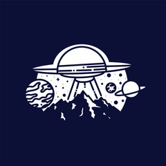 Ufo with mountain monoline vintage outdoor badge design
