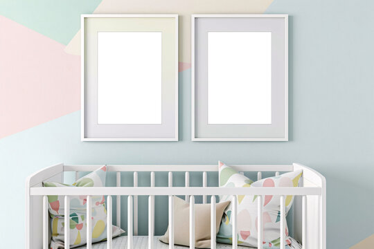 Mockup poster frame set on nursery room wall, 2 Blank photo frame mock up