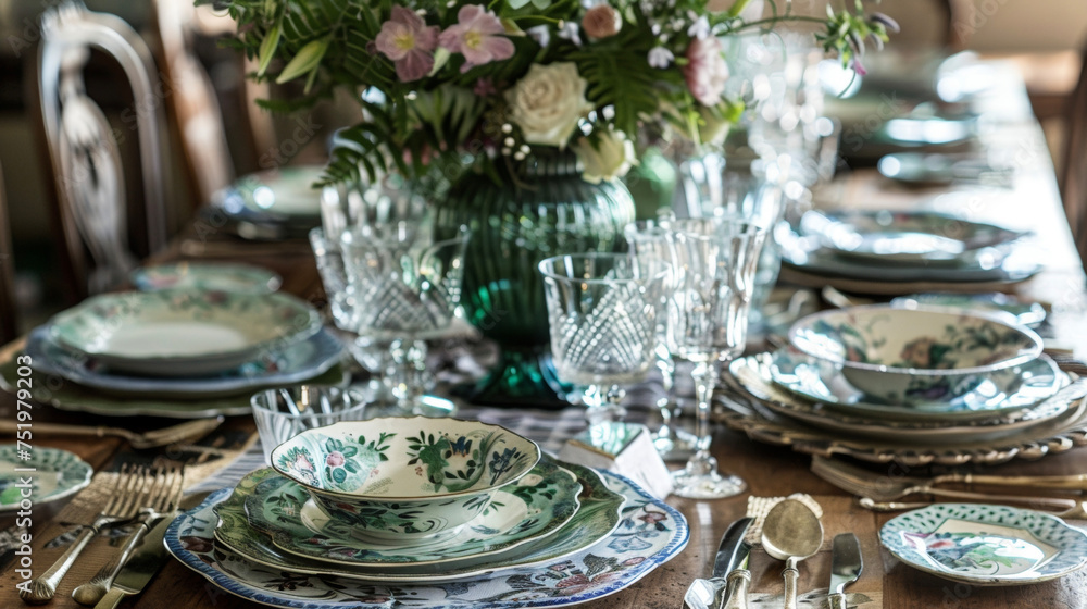 Poster the dining table is set with mismatched vintage plates sparkling glassware and handcrafted centerpie