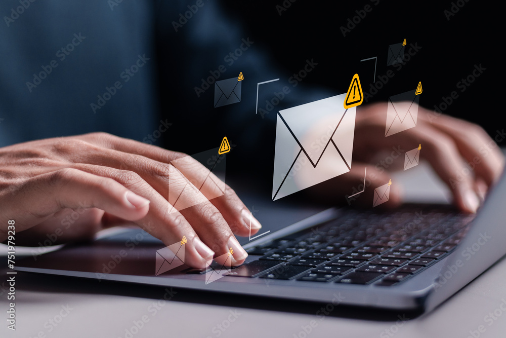 Poster email spam concept. warning notification and spam message. person using laptop with spam email notif