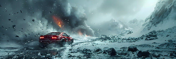 Car tumbles through a snowy landscape debris 3d
