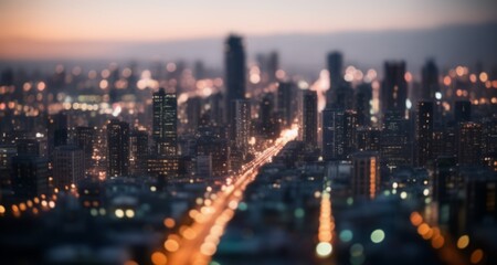 Vibrant cityscape at dusk, illuminated by the glow of streetlights and buildings