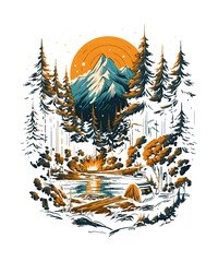 Outdoors Mountain Camping Tshirt Design PNG Files Print for Black Background
