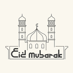 Eid Mubarak Typography with mosque line design. Religious holiday. Creative idea and Concept Design Eid Mubarak. Eid Fitr, Eid Adha.