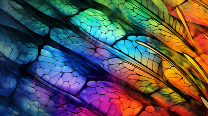 Colorful and vibrant abstract texture, psychedelic dragonfly wings under microscope