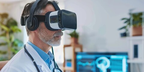 Doctor wearing virtual headset copy space, virtual care 