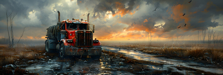Illustration of damaged truck on grunge road,
Truck is passing through the water

