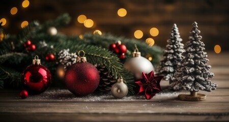 Fototapeta na wymiar Joyful Christmas decorations on rustic wooden surface