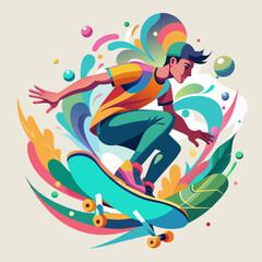 Tshirt sticker Design a graphic featuring a stylized skateboarder executing a trick, surrounded by abstract shapes and splashes of color.