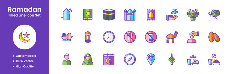 Set of Ramadan Flat Icons Style. Collection Such Icon as Mosque, Fasting, Kaaba, Quran, Praying, Islam, Religion, Eid, Muslim, Iftar. Suitable for web illustrations, hero pages, landing pages.