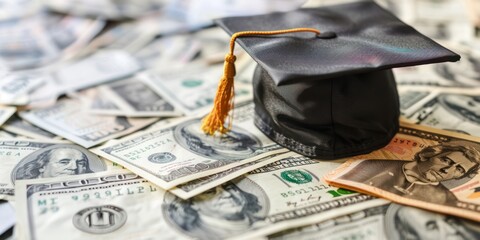 cost of education concept, graduate hat on top of money, college loan 