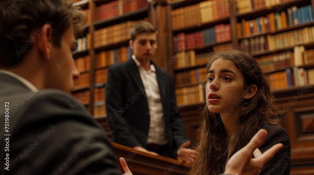 Aufkleber two students engage in a heated debate gesturing animatedly and presenting their arguments to a pane