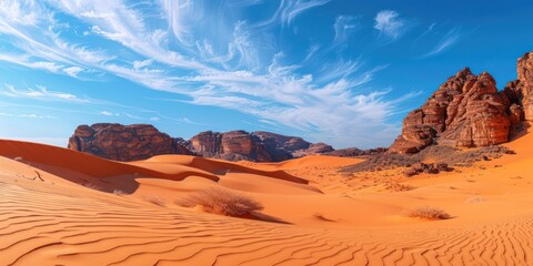 A view of the desert during the day with a bright blue sky.
