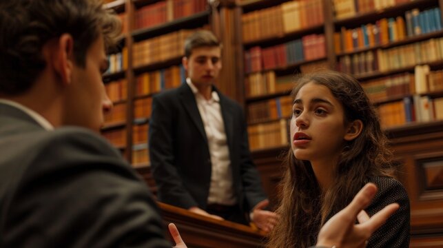 Two students engage in a heated debate gesturing animatedly and presenting their arguments to a panel of professors. The walls of the mock courtroom are lined with law books