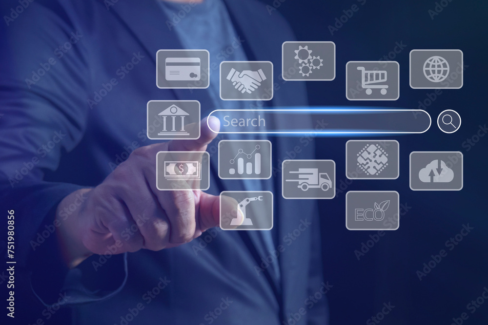 Poster .businessman searching on virtual screen. data technology search engine optimization by artificial i