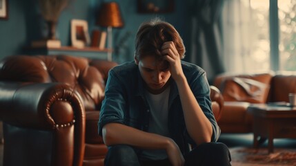 Depression and mental illness. man disappoint, sad after receive bad news. Stressed boy confused with unhappy problem, arguing with girlfriend, cry and worry about unexpected work, down economy. - obrazy, fototapety, plakaty