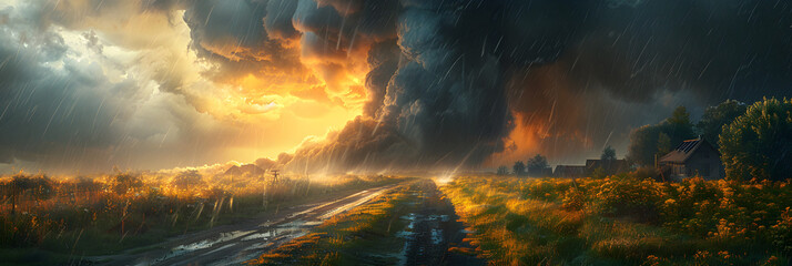 sunset in the forest,
 Raging tornado at the end of road - obrazy, fototapety, plakaty